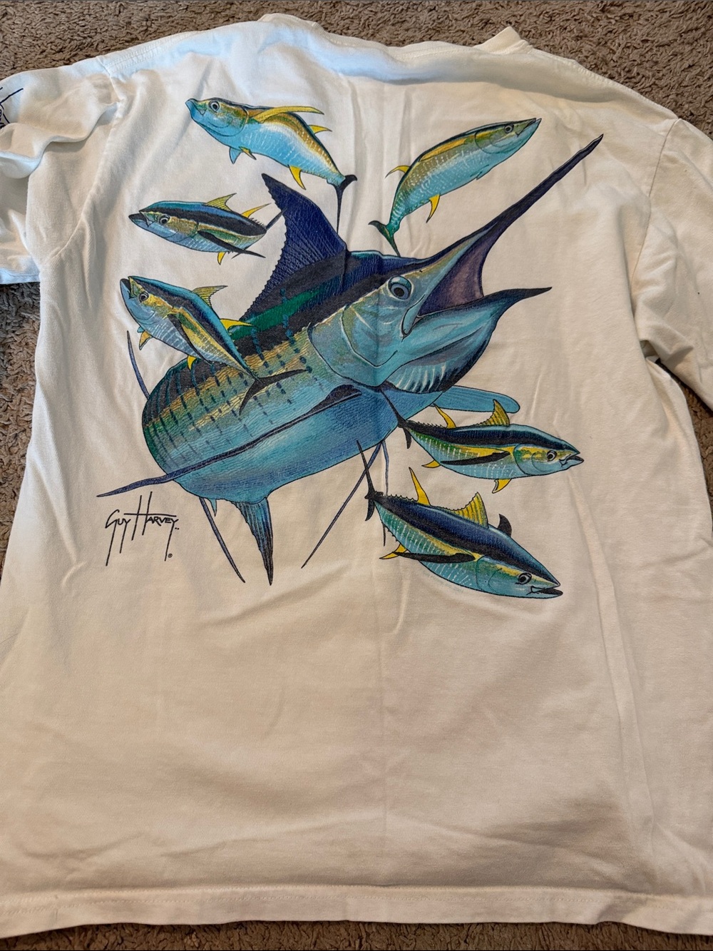 Guy Harvey White Pocket T-Shirt with Marlin and Tuna Design